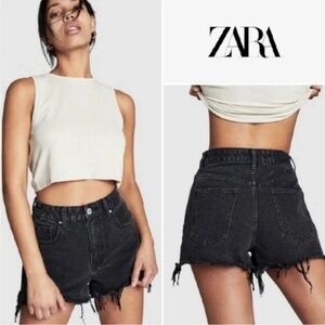 Zara Black Distressed 100% Cotton High Waisted Cut off Denim Shirts women’s 10 M